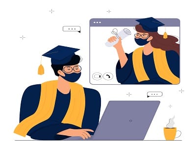 college students communicating virtually on graduation day