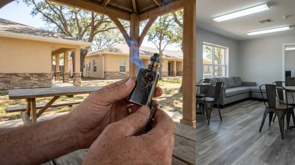 Vape Smoke Effects Close Up Of Hands Holding Damaged Vaping Device With Blue Smoke | Turning Point Of Tampa
