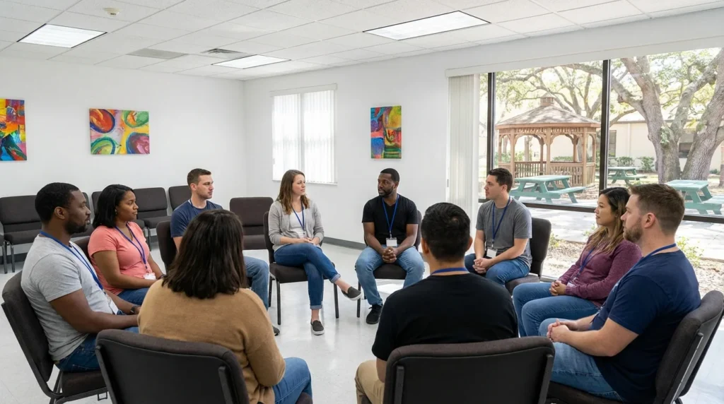 Vape Smoke Effects Group Therapy Session With Diverse Adults Discussing Addiction Recovery | Turning Point Of Tampa