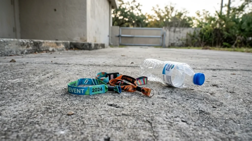 Festival Wristbands and an Empty Water Bottle Left on a Concrete Floor after a Rave | Turning Point of Tampa