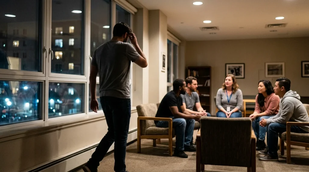 Person Showing Signs of Tweaking Out Pacing Near a Window at Night, Silhouetted Against City Lights | Turning Point of Tampa