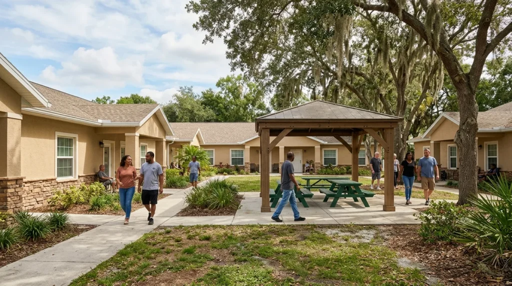 Turning Point of Tampa Recovery Facility Courtyard With Residents Walking Outdoors in the Afternoon Light | Turning Point of Tampa