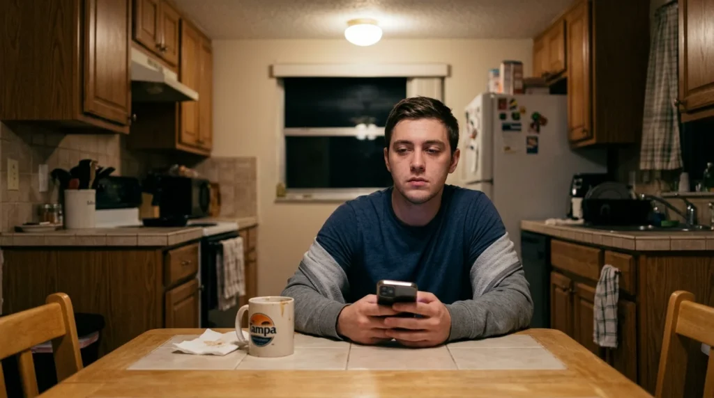 Young Man Sitting Alone at a Kitchen Table Late at Night Staring at His Phone Depressed | Turning Point of Tampa