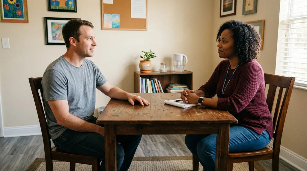 Adult Man Speaking Honestly With a Counselor Across a Wooden Table in a Quiet Office | Turning Point of Tampa