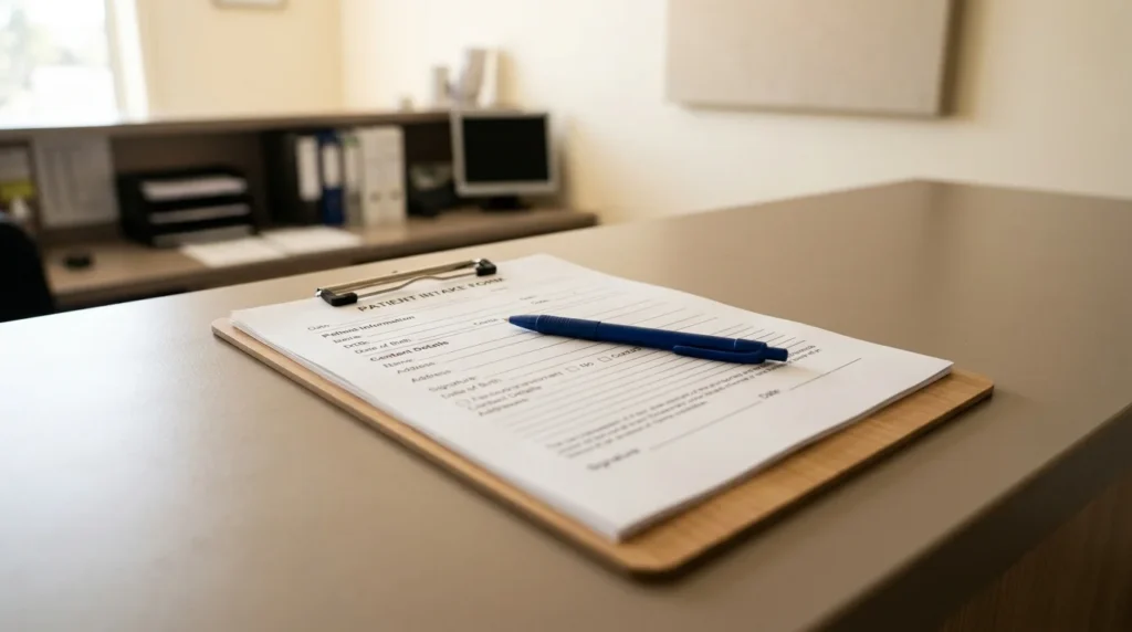Close-Up of a Clinical Intake Form on a Clipboard With a Pen Resting on Top at an Admissions Desk | Turning Point of Tampa