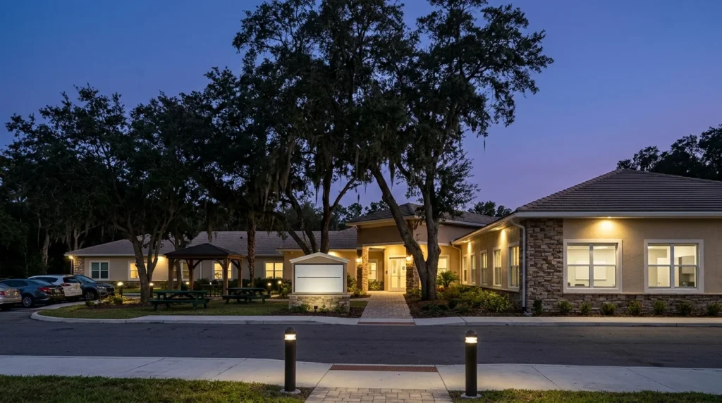 Finding Rehab Centers Near Me Sign at a Tampa Treatment Campus Entrance at Dusk | Turning Point of Tampa