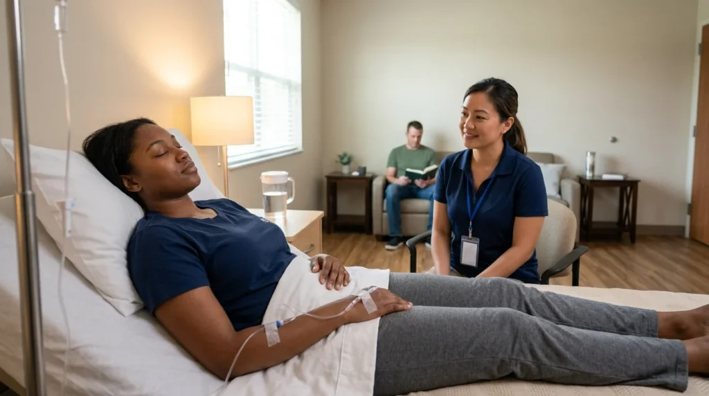 Patient Resting in a Clinical Room With IV Line and Soft Bedside Lighting | Turning Point of Tampa