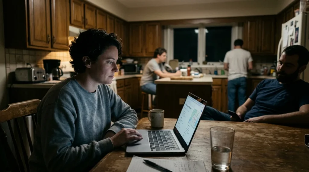 Person Searching for Alcohol Detox Near Me on a Laptop at a Kitchen Table Late at Night | Turning Point of Tampa