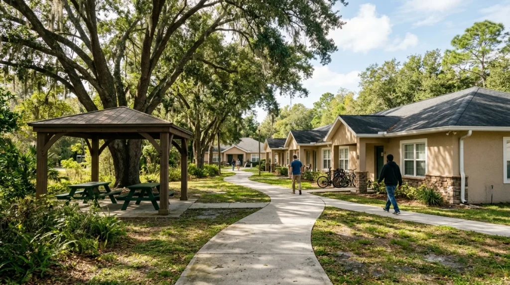 Sunlit Outdoor Walkway on a Residential Treatment Campus With Green Trees Lining a Quiet Path | Turning Point of Tampa
