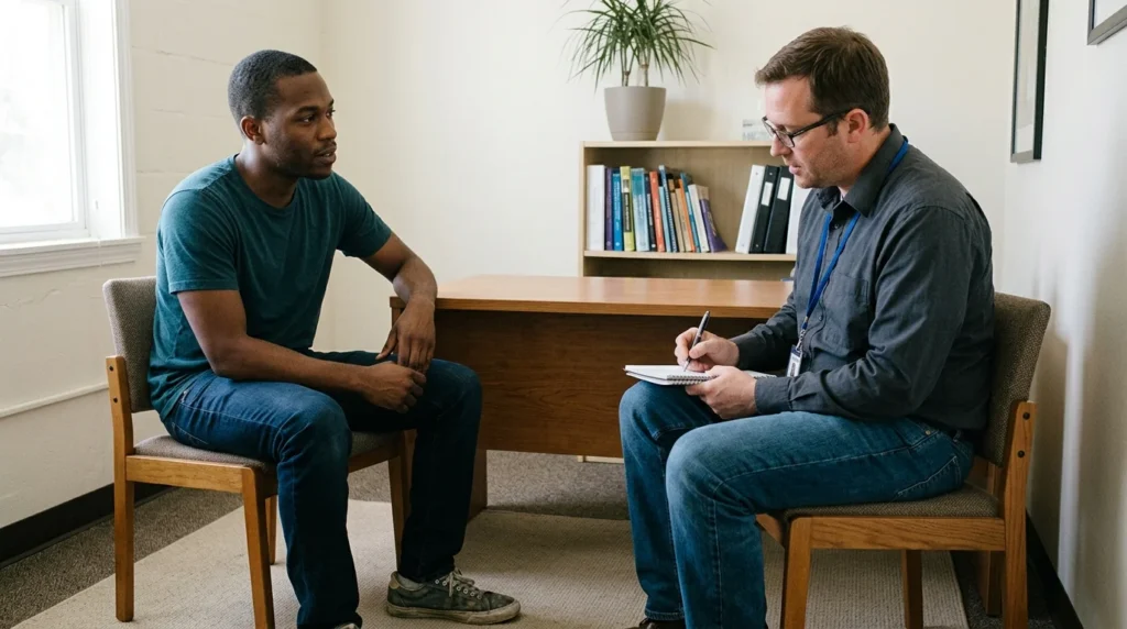 Adult Sitting Across From a Clinician During an Opioid Use Disorder Assessment | Turning Point of Tampa