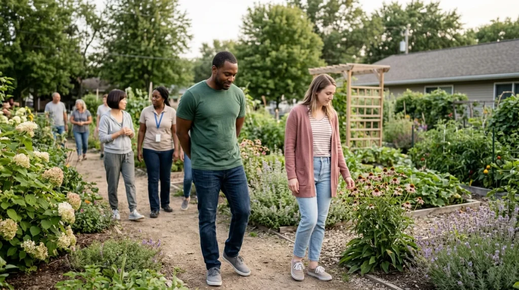 Adult Walking Slowly Through an Outdoor Garden During Early Recovery | Turning Point of Tampa