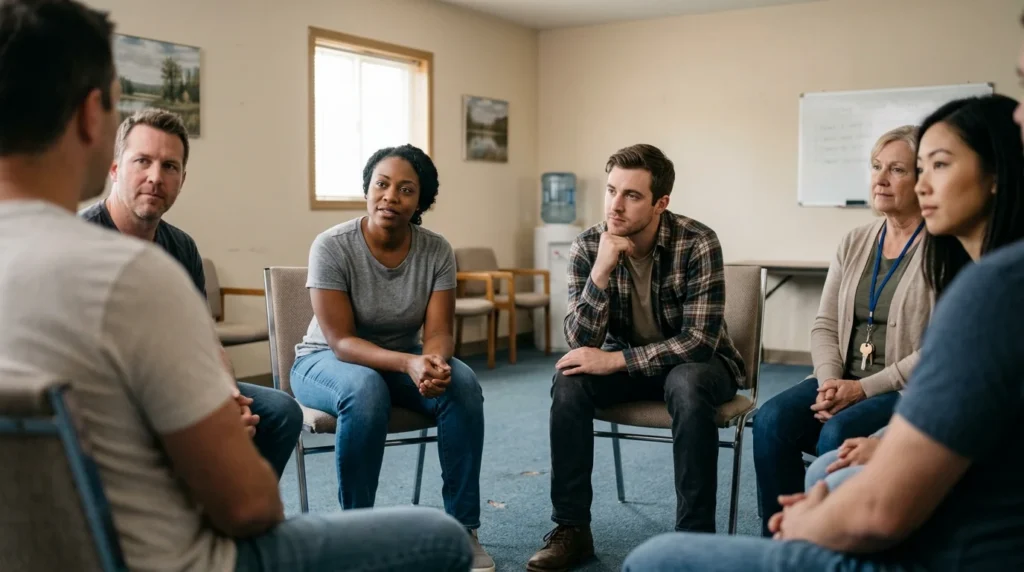 Adults in a Group Therapy Setting During Alcohol Addiction Treatment | Turning Point of Tampa