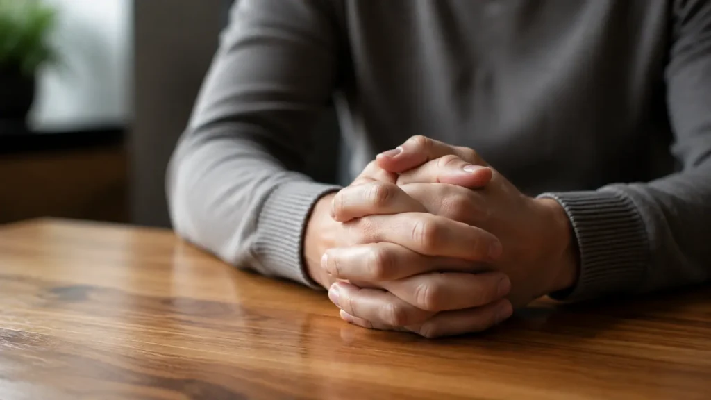 Close-Up of a Person's Hands Clasped Tightly on a Wooden Table During Tampa Rehab Intake | Turning Point of Tampa