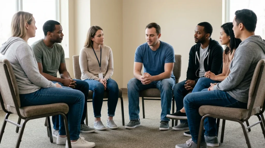 Small Group of Adults in a Circle Sharing During Fentanyl Recovery Treatment | Turning Point of Tampa