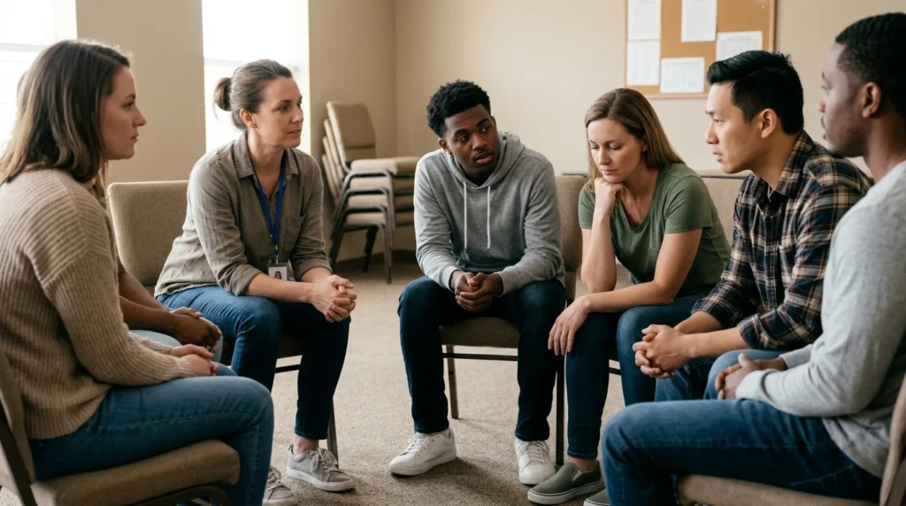Small Group of Adults in an Opioid Use Disorder Recovery Session Listening Intently | Turning Point of Tampa