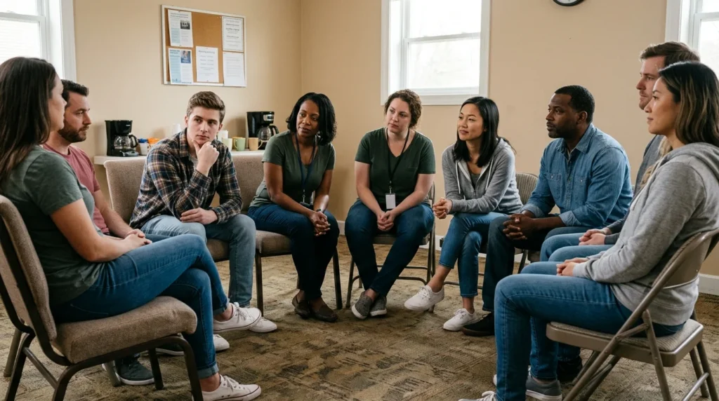 Small Group of Adults Listening Intently During a Process Addiction Recovery | Turning Point of Tampa