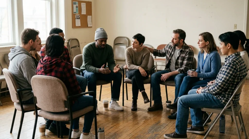 Small Group of Men and Women in a Circle During Opioid Addiction Recovery Group | Turning Point of Tampa