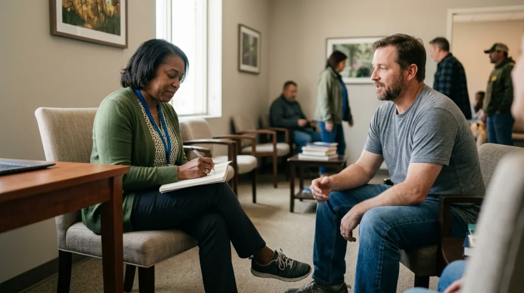 Two Veterans in a Small Group Therapy Session for PTSD Treatment | Turning Point of Tampa