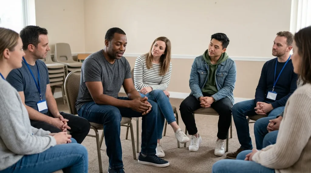 Adult Man in a Recovery Group Session Describing His Experience With Cocaine and Opioid Addiction | Turning Point of Tampa
