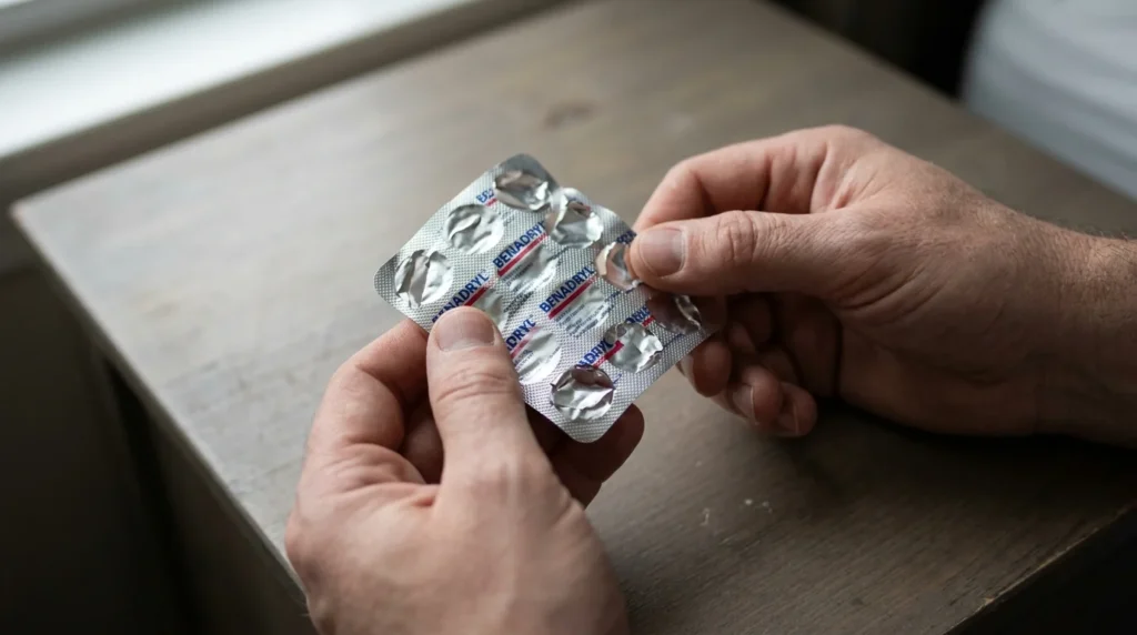 Close-Up of Hands Holding an Empty Benadryl Blister Pack on a Nightstand During Substance Misuse | Turning Point of Tampa