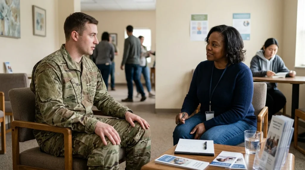 Man in Military Attire Speaking With a Counselor During PTSD and Addiction Assessment | Turning Point of Tampa