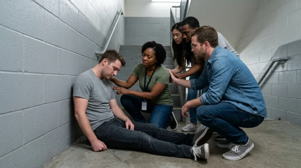Man Slumped Against a Wall in a Stairwell Showing Signs of Opioid and Stimulant Overdose | Turning Point of Tampa