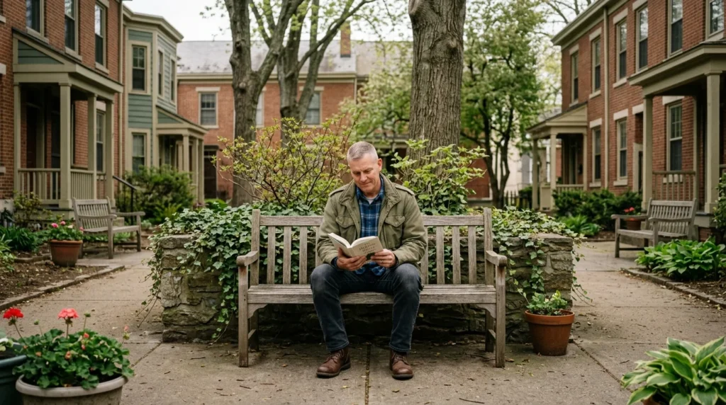 Quiet Courtyard Bench Where a Veteran Sits Reading During Residential Recovery | Turning Point of Tampa