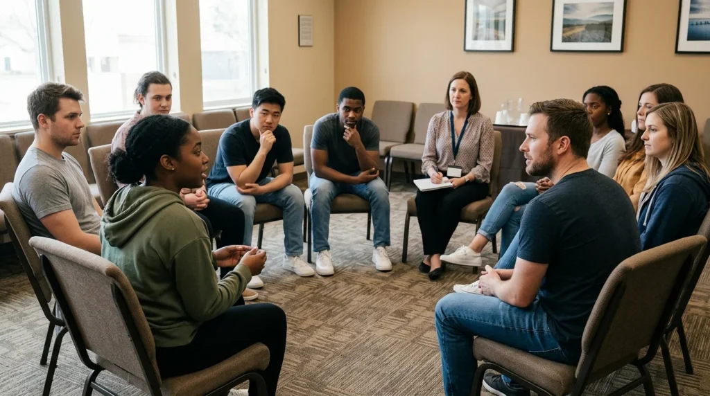 Young Adult Sitting in a Treatment Group Discussing Diphenhydramine Dependence | Turning Point of Tampa