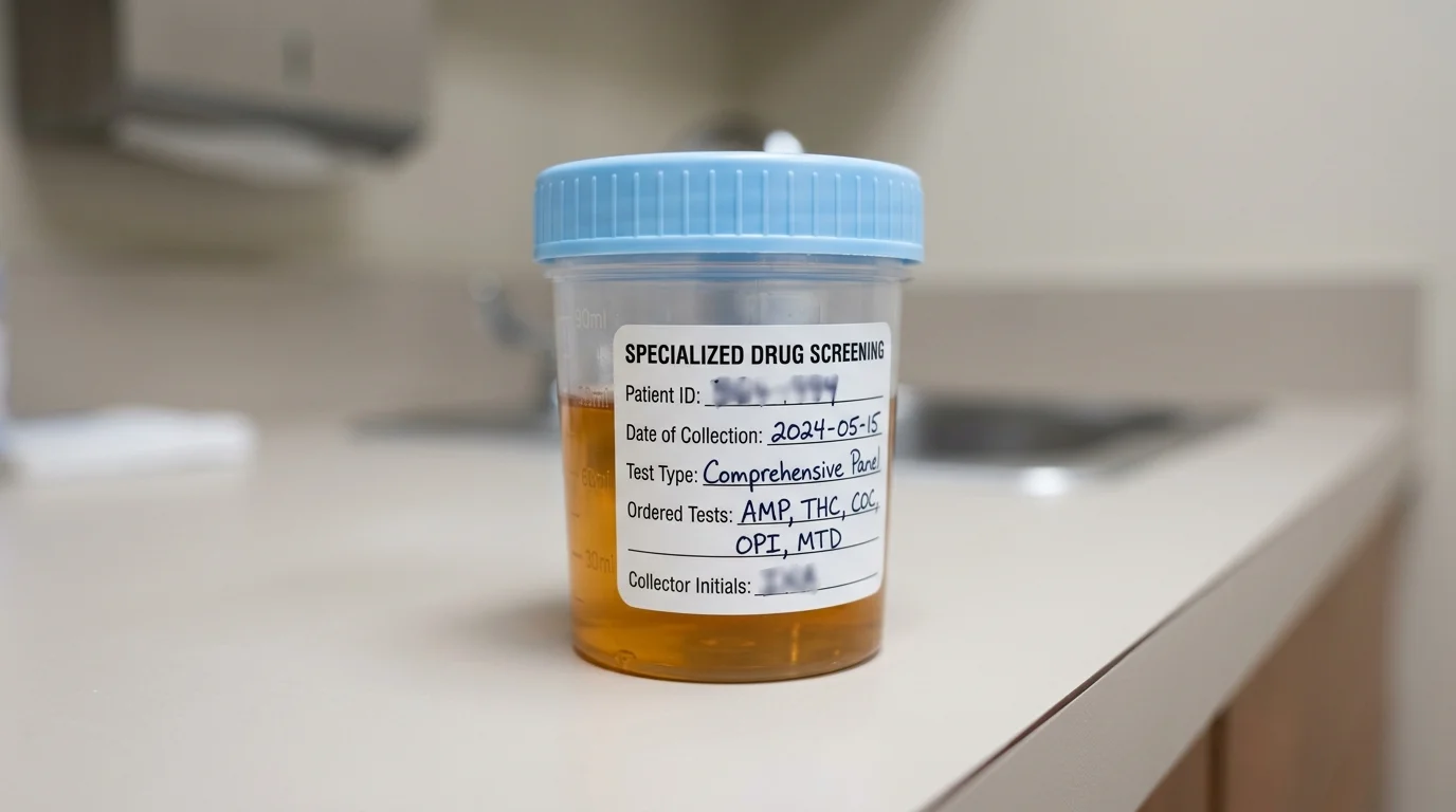 Close-Up of a Urine Drug Test Cup Labeled for Specialized Screening | Turning Point of Tampa