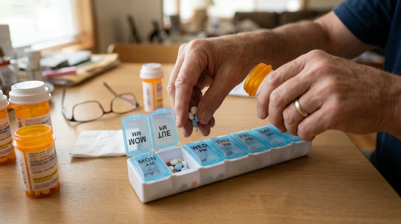Close-Up of Hands Sorting Prescription Medication Into a Weekly Organizer | Turning Point of Tampa